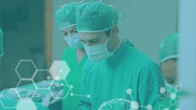 Animation of brain scan and medical data processing over surgeons operating on patient in theatre. medical research technology and healthcare services concept digitally generated video.