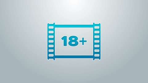 Blue line Play Video with inscription 18 plus icon isolated on grey background. Age restriction symbol. 18 plus content sign. Adult channel. 4K Video motion graphic animation.