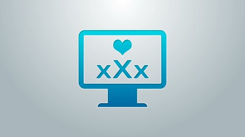 Blue line Computer monitor with 18 plus content heart icon isolated on grey background. Age restriction symbol. Sex content sign. Adult channel. 4K Video motion graphic animation.