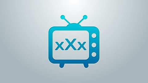 Blue line Sex tv old television icon isolated on grey background. Age restriction symbol. 18 plus content sign. Adult channel. 4K Video motion graphic animation.