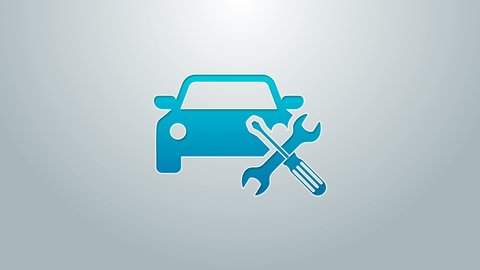 Blue line Car with screwdriver and wrench icon isolated on grey background. Adjusting, service, setting, maintenance, repair, fixing. 4K Video motion graphic animation.