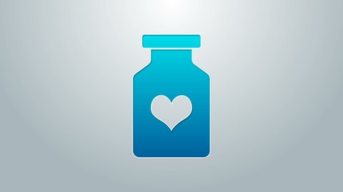 Blue line Medicine bottle with pills for potency, aphrodisiac icon isolated on grey background. Sex pills for men and women. 4K Video motion graphic animation.