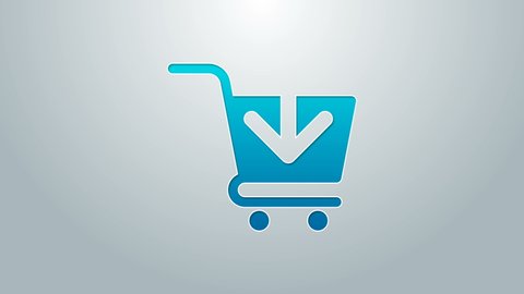 Blue line Add to Shopping cart icon isolated on grey background. Online buying concept. Delivery service sign. Supermarket basket symbol. 4K Video motion graphic animation.