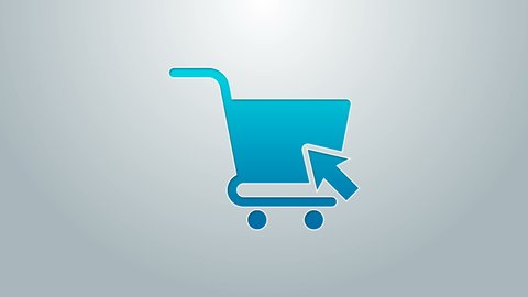 Blue line Shopping cart with cursor icon isolated on grey background. Online buying concept. Delivery service sign. Supermarket basket symbol. 4K Video motion graphic animation.