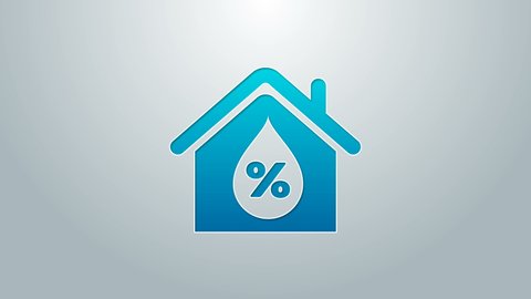 Blue line House humidity icon isolated on grey background. Weather and meteorology, thermometer symbol. 4K Video motion graphic animation.
