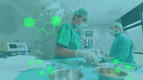Animation of medical information and data processing over surgeons at work in operating theatre. medical research technology and healthcare services concept digitally generated video.