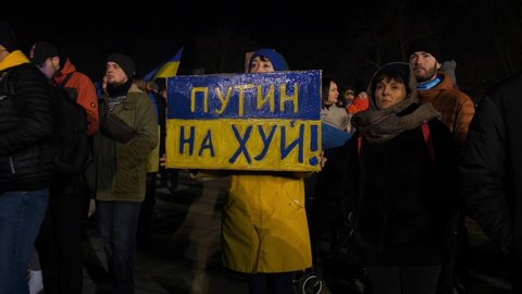 Szczecin , Poland - 02 28 2022: Ukrainian pleading to save her country at Szczecin Poland