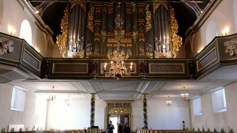 Oslo, Norway - Mar 27 2018 : Tilting shot of Architectural interior of Oslo Cathedral, Oslo Domkirke, Formerly our Savior's church is the main church in downtown