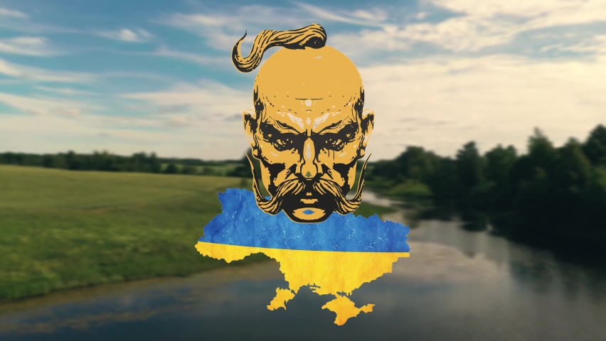 Ukrainian Cossack and map of Ukraine, cloudy sky and green fields, blurred background