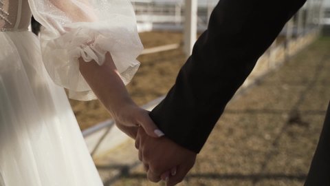 Bride in white wedding dress and the groom in black classic suit hold hands near the white wooden fence of the stable. Man and woman in love hold hands on the street during the day.