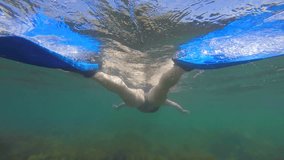 Woman with snorkeling gear observing underwater life in Mediterranean sea
