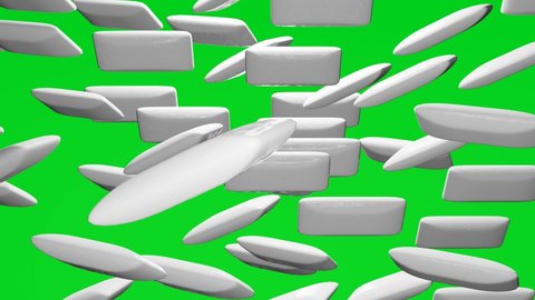 Many chewing gum flying to camera on chromakey
background. Stick of chewing gum.
