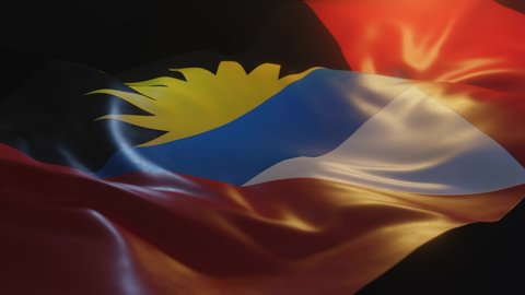 Antigua and Barbuda Flag with Low, Side Angled View and warm, ambient lighting, 3D Render