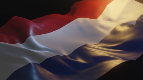 Netherlands Flag with Low, Side Angled View and warm, ambient lighting, 3D Render