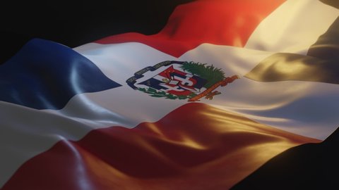 Dominican Republic Flag with Low, Side Angled View and warm, ambient lighting, 3D Render