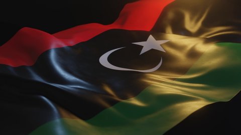 Libya Flag with Low, Side Angled View and warm, ambient lighting, 3D Render