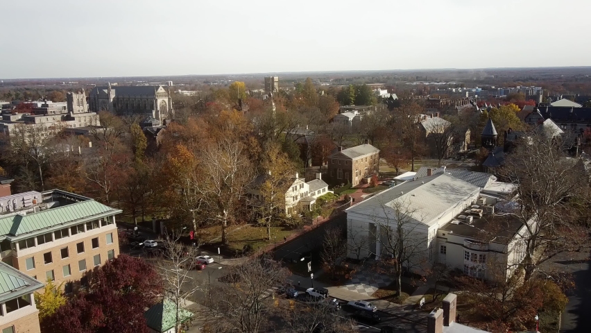 Aerial footage across Princeton, New Jersey in the USA in fall