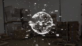 Animation of network of connections with globe over warehouse. global shipping, connections and data processing concept digitally generated video.