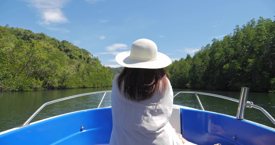 Rear view of women tourist enjoying nature on the boat cruise in water through mangrove forest along the Klong Chao canal in Ko Kut, Koh Kood islands Thailand. Travel concept. Royalty-Free Stock Footage #1087960045