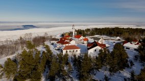 Aerial view of Whitefish point Light house complex at Lake Superior shore in Michigan upper peninsula.