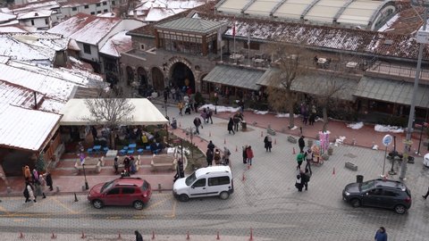 Ankara, Turkey - March 07 2022: Touristic bazaars and facade of Koc musem around Ankara Castle.