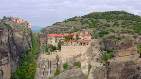 Greece Meteora monasteries in rocks view of cliffs Greece, Europe. landscape place of monasteries on the rock. UNESCO World Heritage. Travel. tourism.	