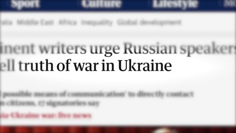 War in Ukraine animated headline of news outlets around the world. Breaking world news global media. Russian Federation Putin attacked Ukraine. Russian aggression, troops, soldiers
