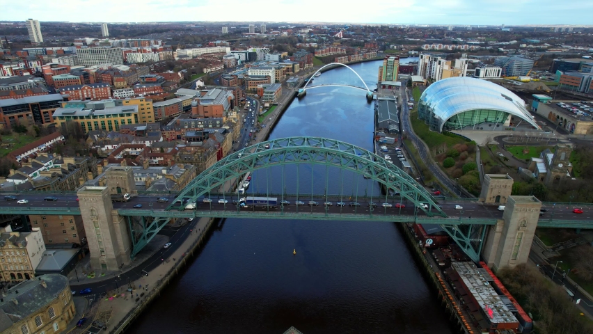 Drone Aerial Of Newcastle Upon Tyne City Centre, Over The River Tyne Royalty-Free Stock Footage #1087967139