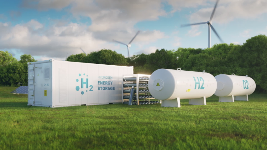 Concept of an energy storage system based on electrolysis of hydrogen in a green lush environemnt environment with photovoltaics, wind farms . 3d rendering clip. Royalty-Free Stock Footage #1087969977