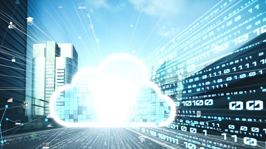Cloud computer and online data storage with tacit intelligent sharing software . Concept of smart digital transformation and technology disruption that changes global trends in new information era .