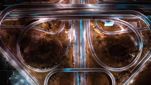 4K : Aerial time lapse in motion drone shot of freeway and interstate traffic. cars and light streaks. hyperlapse traffic

