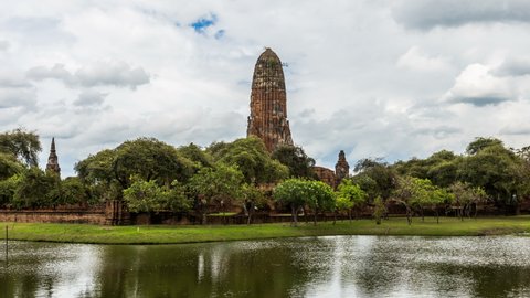 Time Lapse Wat Rama at Ayutthaya Historical Park is an old ancient site, Thailand with reflections of water and many clouds