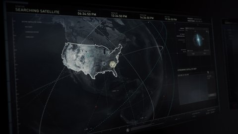 Spy Technology. Scanning USA Territory In Advanced Satellite Scanner Control Interface. Advanced Software Interface Connects To Satellite Network. Advanced Satellite Interface Tracks Location