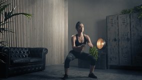 Woman exercising jumping squats in home. Healthy female in sportswear doing jumping squats at home. Woman exercising at living room. Slow motion
