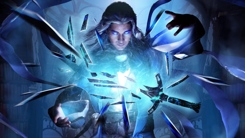 A handsome, long-haired young wizard with blue glowing eyes in a long robe splits the sword into many sharp fragments with spiral magic, creating streams of energy with his hands looped 2d animation Royalty-Free Stock Footage #1087975071