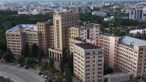 Kharkiv, Ukraine - July 17, 2021: Big Ukrainian city Kharkiv. Derzhprom - big constructivist structure of buildings in Freedom Square, Kharkiv. Aerial view Befor agression of russia