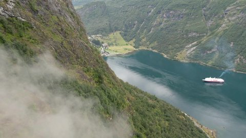 Geiranger village and Geirangerfjord aerial view, Norway