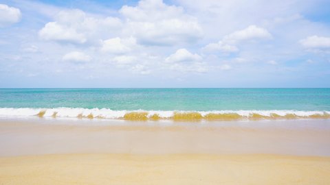 Beach space area white clouds background. Sea nature white sand with blue sky. Long beach waves gently lapping sea summer. Landscape sea water was photographed in early morning.copy space.