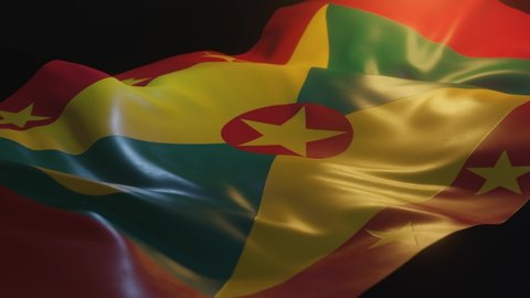 Grenada Flag with Low, Side Angled View and warm, ambient lighting, 3D Render
