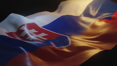 Slovakia Flag with Low, Side Angled View and warm, ambient lighting, 3D Render
