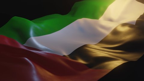 UAE Flag with Low, Side Angled View and warm, ambient lighting, 3D Render, United Arab Emirates