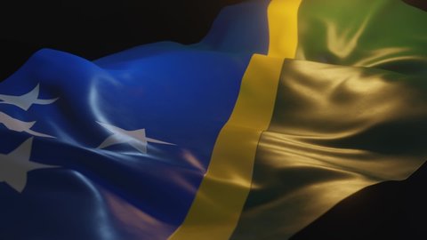 Solomon Islands Flag with Low, Side Angled View and warm, ambient lighting, 3D Render