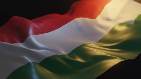 Hungary Flag with Low, Side Angled View and warm, ambient lighting, 3D Render