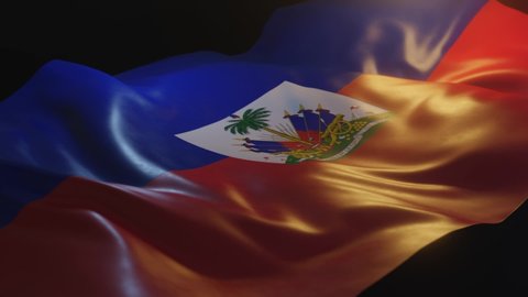 Haiti Flag with Low, Side Angled View and warm, ambient lighting, 3D Render