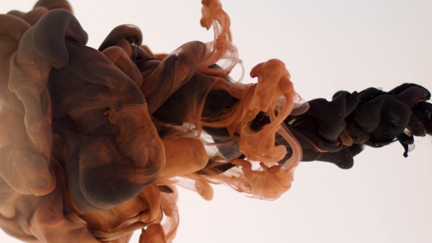 Color brown paint drops in water with light light white background, abstract color mix , drop of ink  paint falling on water. downscale, slow motion. 4K.