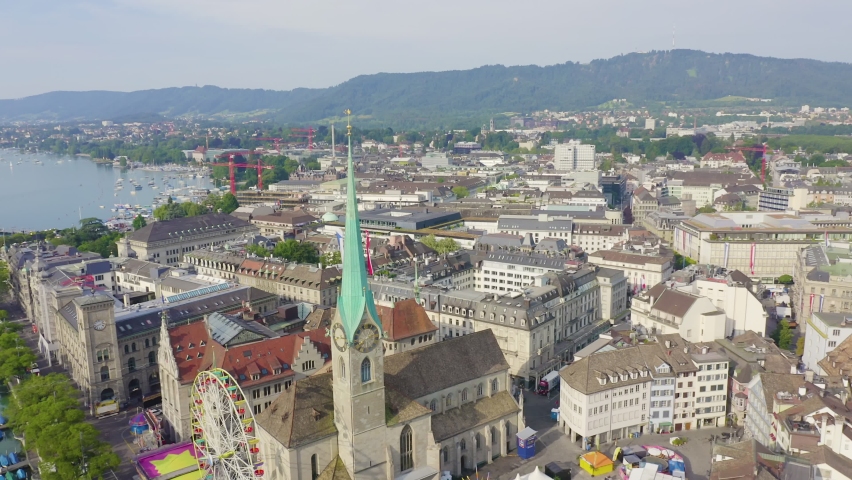 Zurich, Switzerland. Panorama of the city from the air. Fraumunster Church, Aerial View Hyperlapse, Point of interest