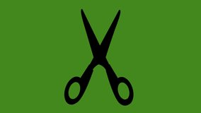 Loop animation of the black silhouette of a scissors, on a green chroma key background