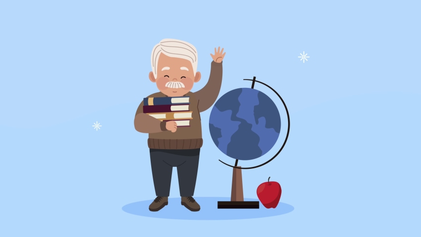 old man studing lifting books and earth planet , 4k video animated