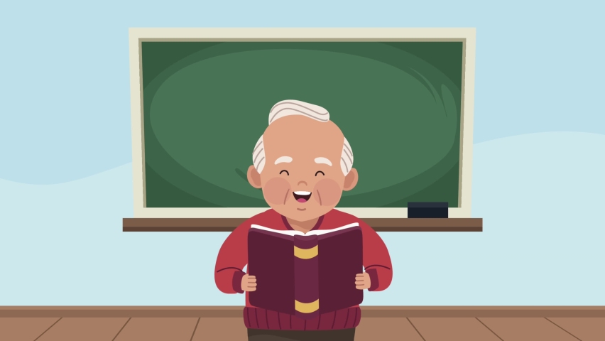 old man studing reading book in classroom , 4k video animated