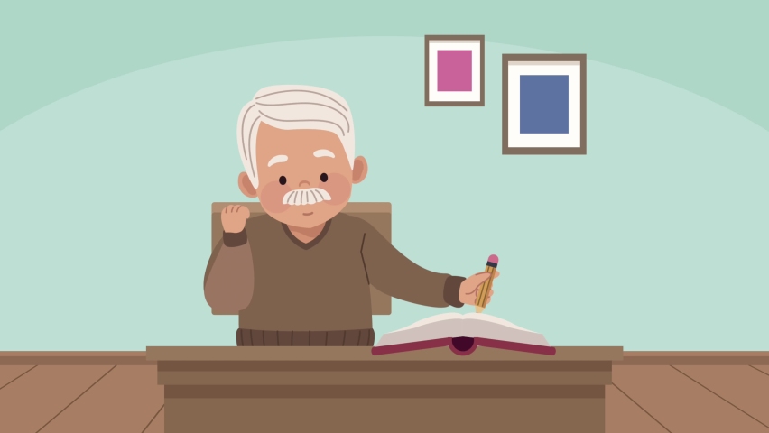 old man studing writing in book , 4k video animated